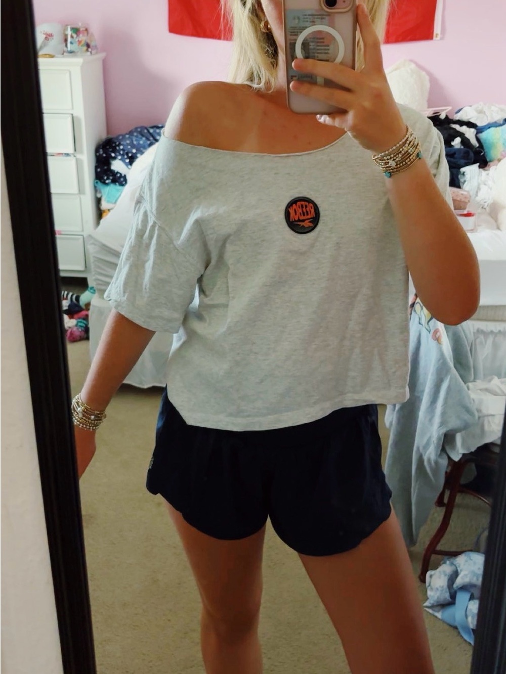 Reebok Light Gray Off-Shoulder Crop Top with Orange Logo